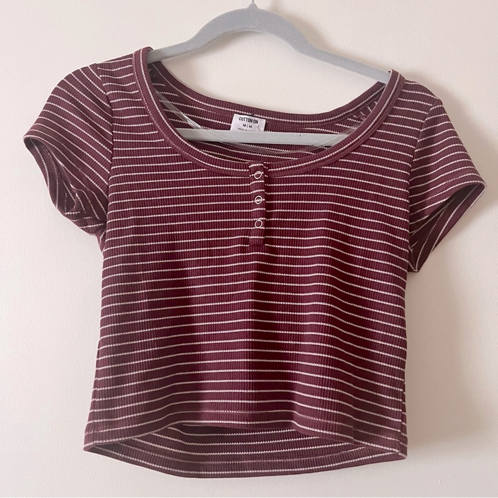 Willa Waffle Short Sleeve Henley Tee Chloe Stripe Deep Garnet/Wheat Cotton On